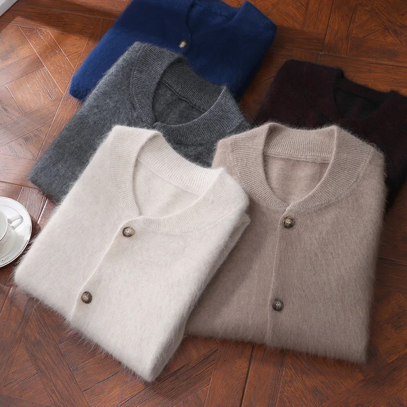 

100% норковый кашемировый свитер, вязаный кардиган, мужской воротник-стойка с длинным рукавом, осенне-зимняя повседневная мужская одежда, деловое пальто, топ