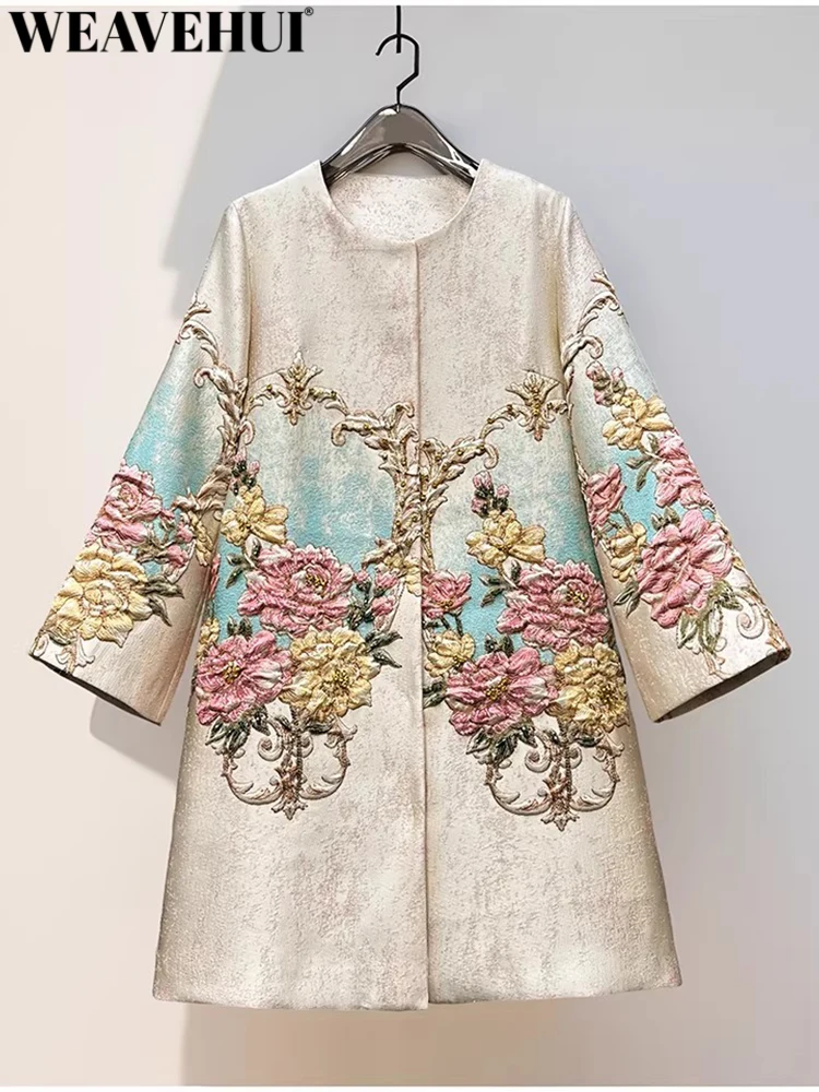 WEAVEHUI Women's O-Neck Long Sleeves Concealed Buttons Jacquard decorate Beading Pockets Autumnal Vintage Coat