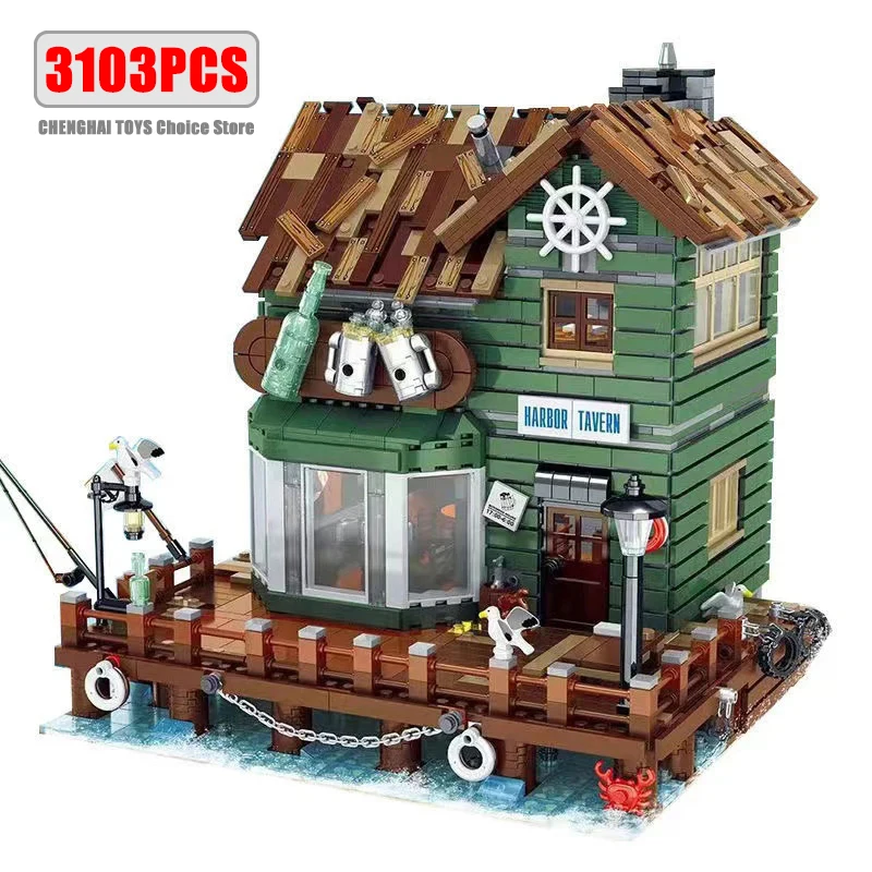 Creative Fisherman\'s Cabin Store Modular Building Blocks Brick Streetview Series City Architecture Model Sets Kid Toys Boys Gift