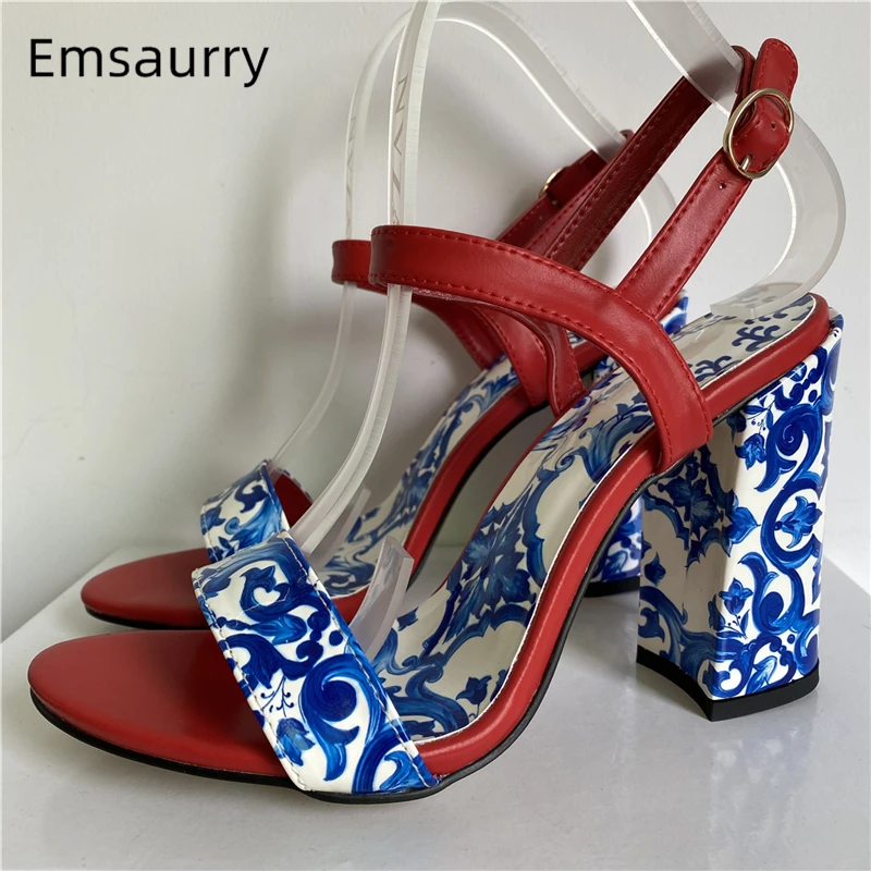 Blue And White Porcelain Print Sandals Women Genuine Leather Ankle Strap Chunky Heel Concise Style Summer Shoes