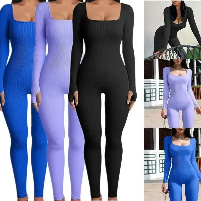 Women Square Neck Sexy Boadycon Skim Playsuit Female Autumn Winter Solid Color Long Sleeve Warm Yoga Jumpsuit