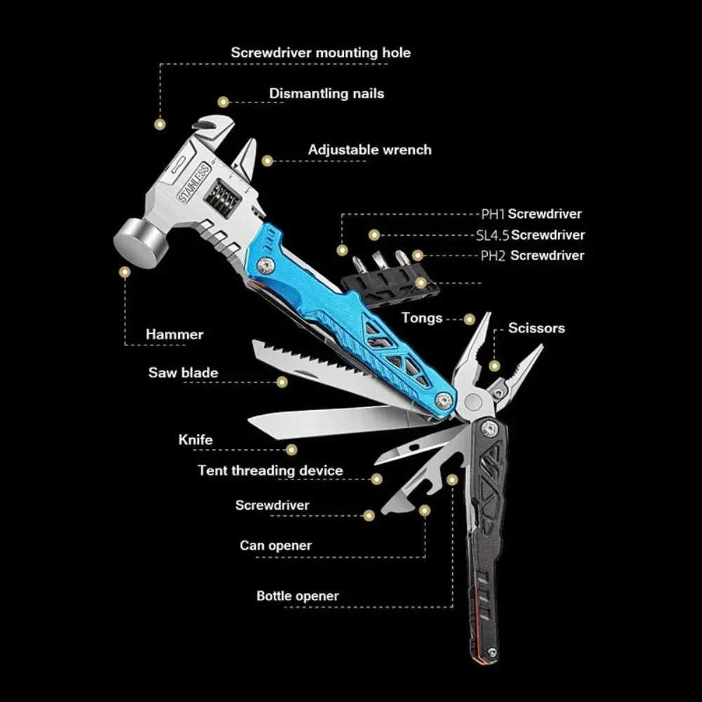 Universal Hammer 14 in 1 Multitool Fold Integrated Adjustable Wrench Pliers Device Multifunctional Tool Outdoor