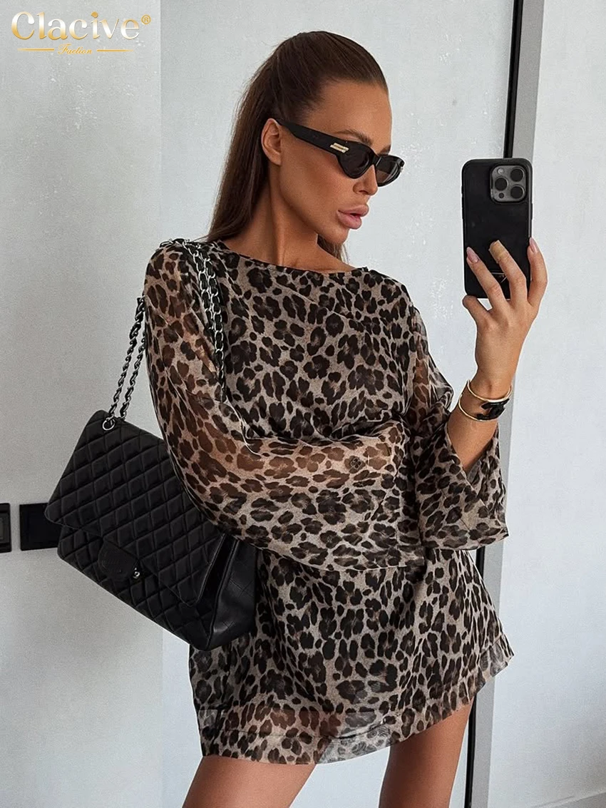 

Clacive Fashion Leopard Print Women's Dress 2025 Vintage O-Neck Long Sleeve Mni Dresses Elegant Classic Female Dress Streetwear