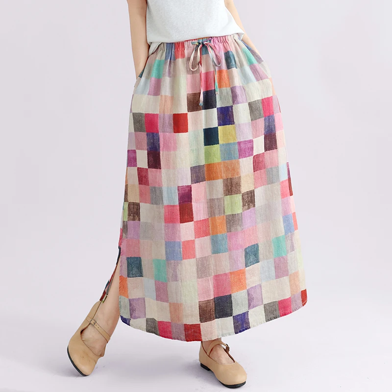 2026 Early Autumn Vintage Color Block Print Long Skirt, Washed Cotton Elastic Waist Drawstring Split A-line Midi Skirt Women