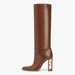 Arden Furtado-Bottes hautes au genou en cuir pour femmes, évider, gros talons, bottes d'équitation, marron, beige, mode