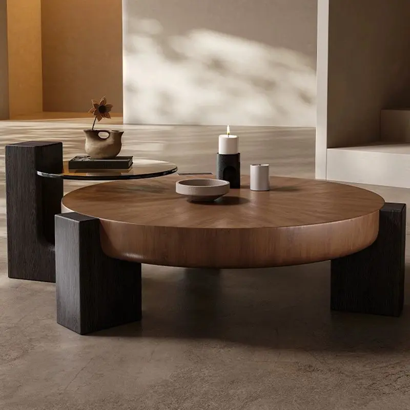 Advanced imitation solid wood design light luxury coffee table combination round antique small apartment tea