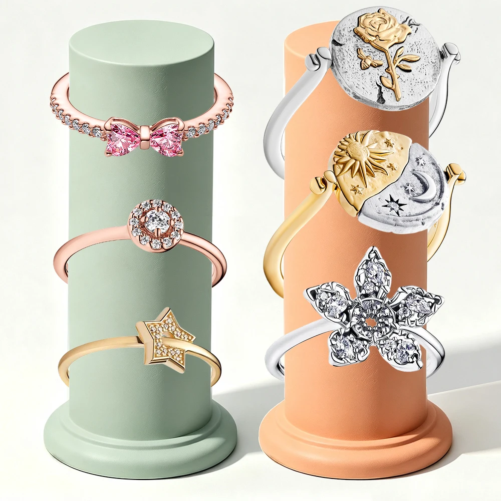 2026 New 925 Silver Sparkling Pink Bow Star Ladies Rose Sun Moon Medal Ring Showcase Exquisite DIY Charm Jewelry