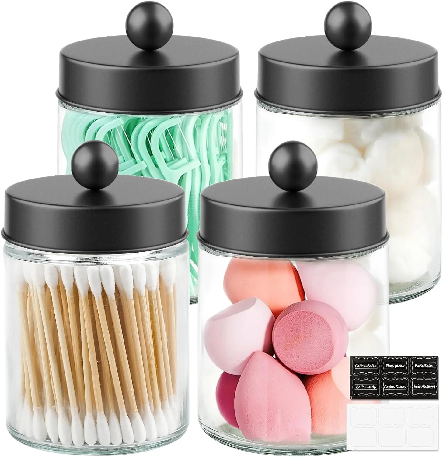 

4 Pack Glass Apothecary Jars with Lids for Bathroom, Cute Qtip Holder, Black Bathroom Canisters for Q-Tips and Cotton Swabs
