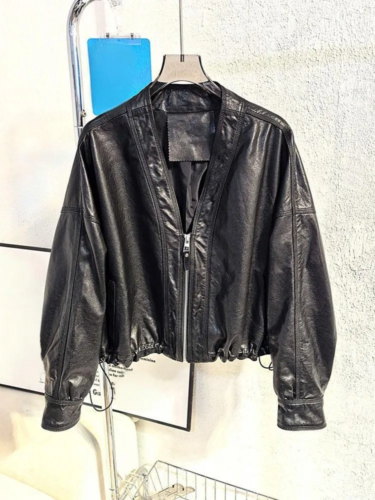 Weibliche Zipper V-ausschnitt Aus Echtem Leder Öl Wachs Jacke Lose Fit Frauen Design Motorrad Mantel Echte Schaffell Jacke Herbst Winter