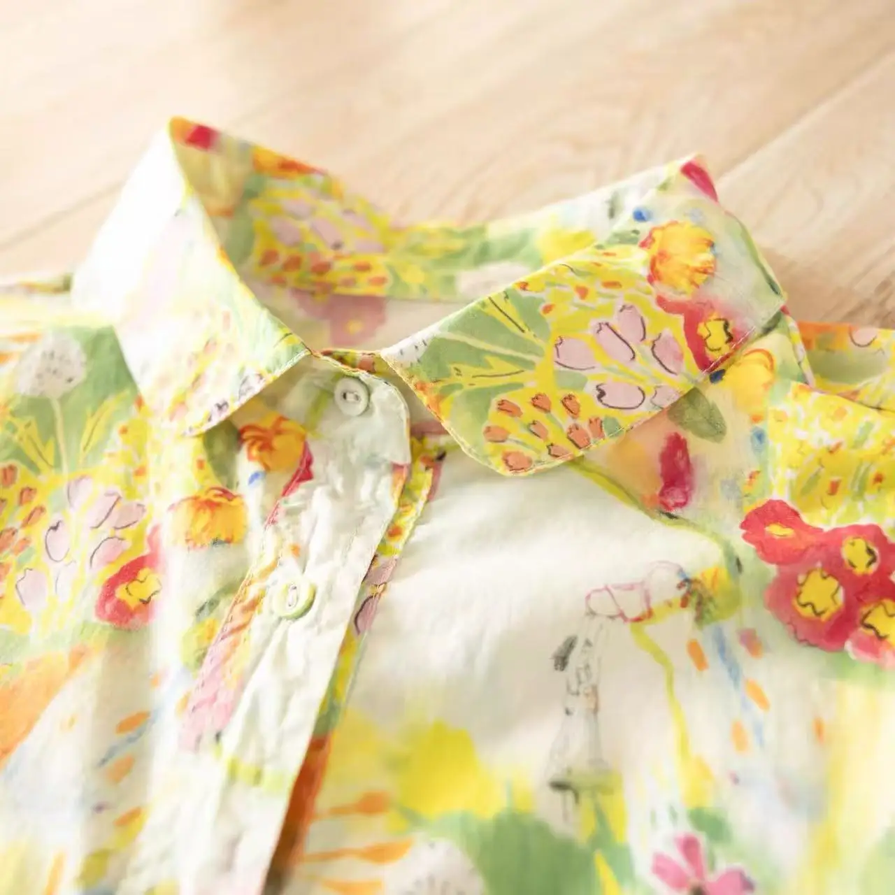Camisas de Manga Corta con Estampado Floral Amarillo para Mujer 2026, Blusas de Algodón con Botones, Estilo Japonés, Túnica de Verano para Mujer