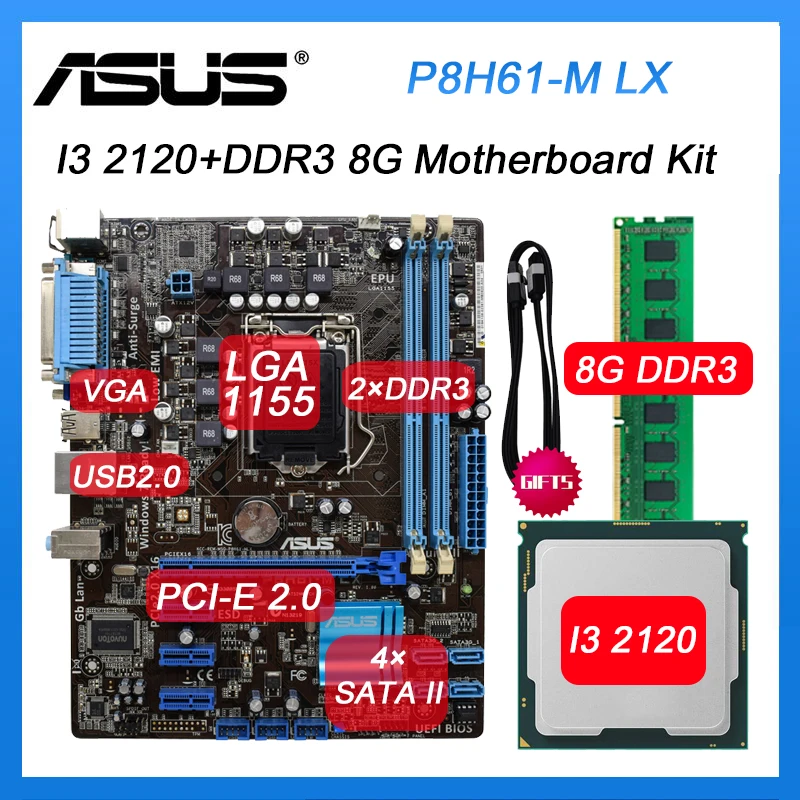 

ASUS Motherboard kit LGA 1155 P8H61-M LX set with intel Core I3 2120 cpus and DDR3 DIMM 8G SATA 2 USB2.0 Intel H61 ATX