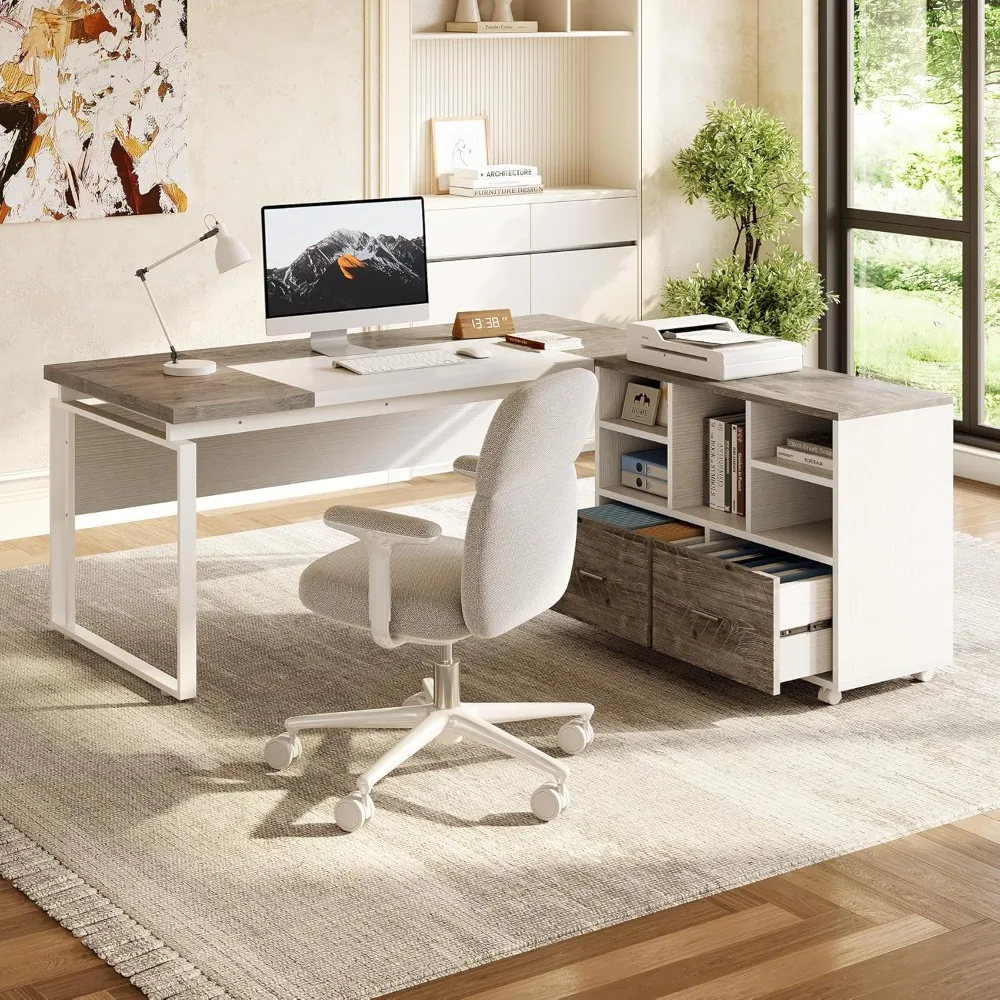

63" L-Shaped Executive Office Desk with File Cabinet, Large Office Desk with Storage Drawers for Home Office,