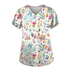 Women's Cartoon Rabbit 3D Print T-shirt Tops V-Neck With Pocket Medical Uniforms Nursing Short Sleeve T-shirt Tops Work Uniform
