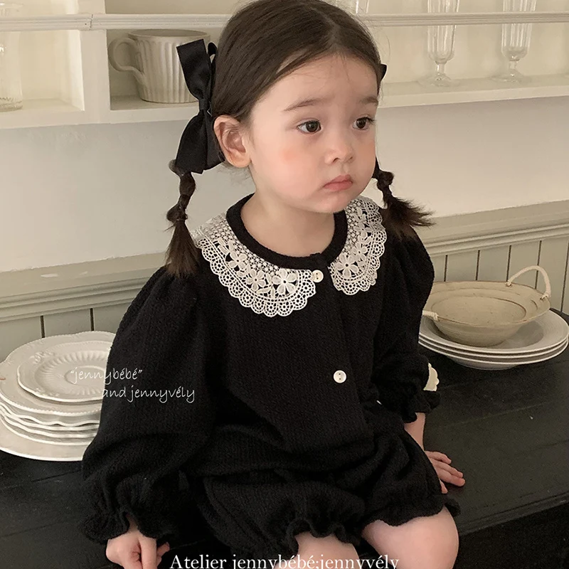 2024 New Autumn Korean Style Children Clothes Suit Long Sleeves Lace Splicing Cardigan+Shorts Newborn Baby Girls Clothing Set