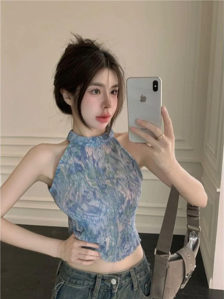 Women's 2026 Summer French Halter Neck Printed Camisole Tank Top Lightweight Sexy Hot Girl Streetwear Sweet Chic Coquette