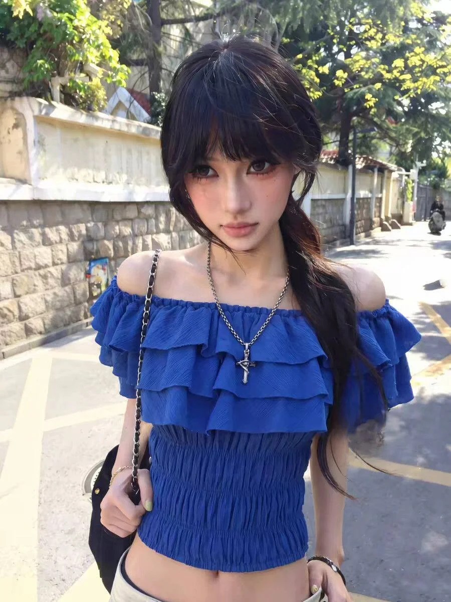 Blue Lace Trim Short Shoulder Baring Crop Top Women's Summer Sexy Spicy Girl Design Sense Pure Desire Strap Vest