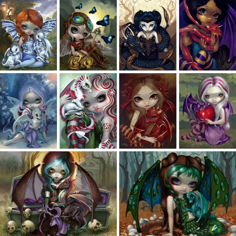 Dragonling Fairy Gothic Big Eye Art Diamond Painting Cartoon DIY 5D Diamants Embroidery Mosaic Cross Stitch Needlework Decor