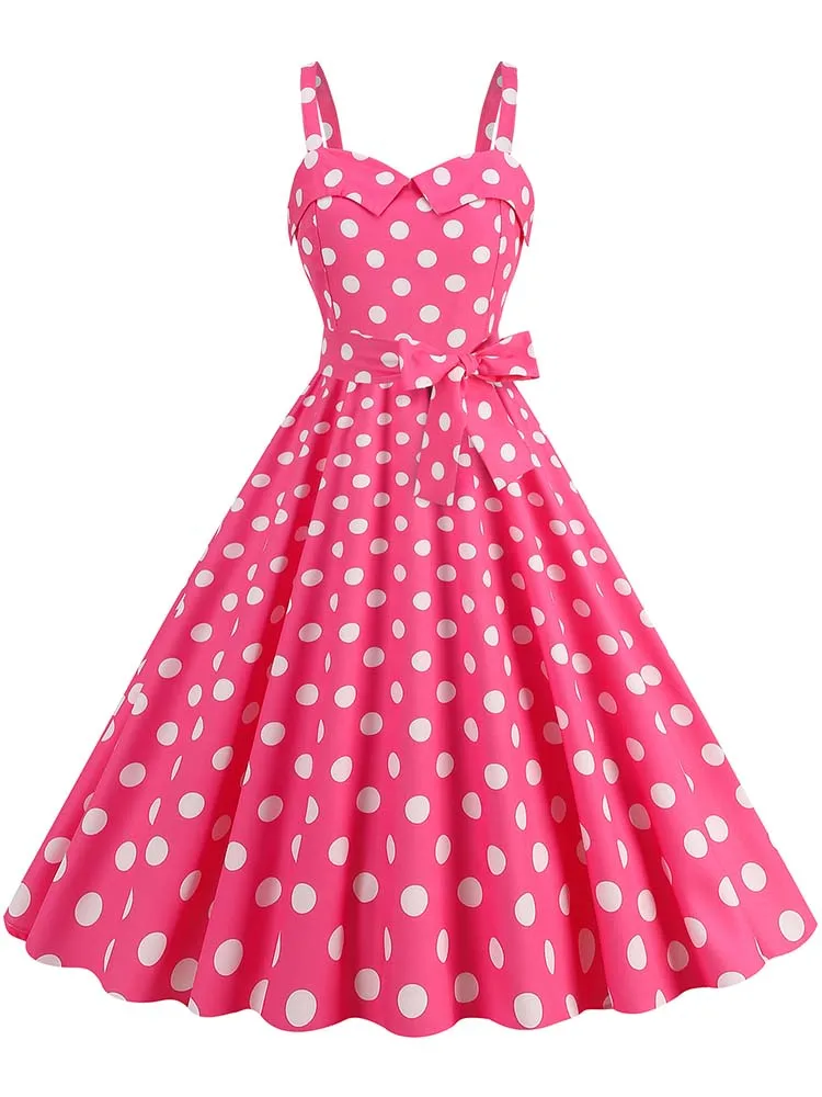 Spaghetti Strap Pink Plaid Dress Women Summer Elegant Vintage 50s Rockabilly Swing Party Dress — zdjęcie 5
