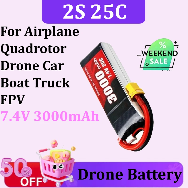 

3000mAh 2S 7.4V 25C Lipo Rechargeable Battery for Airplane Quadrotor Drone Car Boat Truck FPV