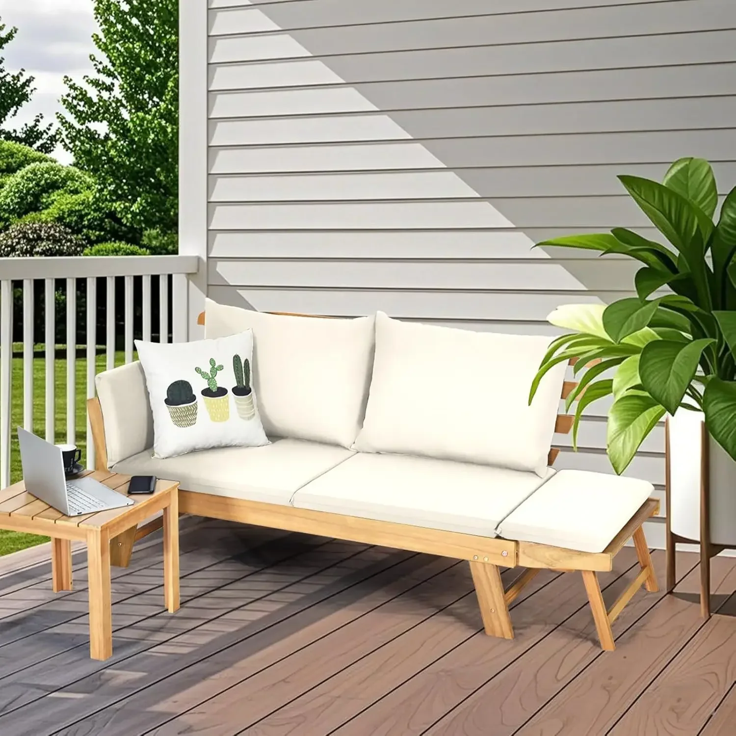 Patio Convertible Couch Sofa Bed, Acacia Wood Chaise Lounger with Adjustable Armrest, Cushion & Pillows, Outdoor Daybed Loveseat