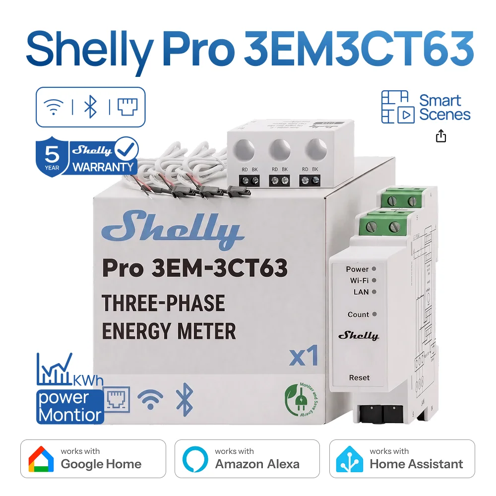 

Shelly Pro 3EM 3CT63 Three Phase Smart Energy Mete DIN Rail Mounting Optical Pulse Indication of Energy Usage Photovoltaic Ready