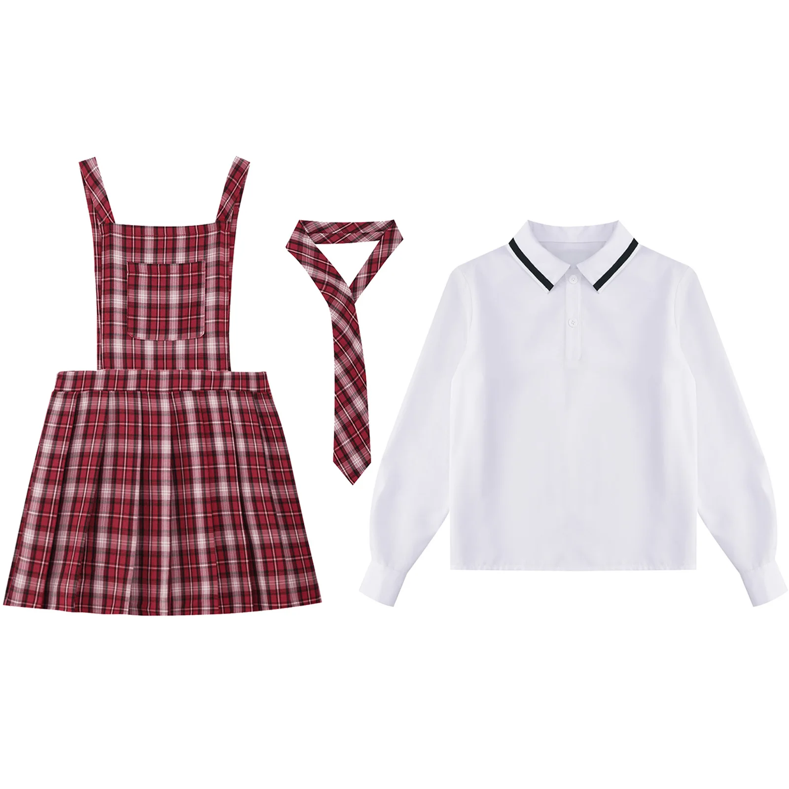 3pcs New Girls School Uniform Sleeveless Pleated Overall Dress Tie Long Sleeve Pullover Shirt for Graduation Cosplay Party Stage