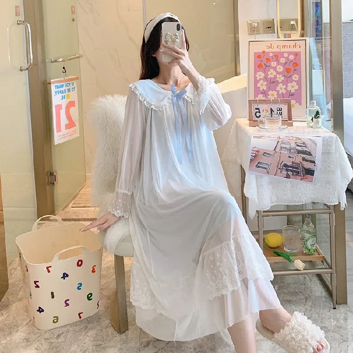 Long Sleeve Sexy Lace Night Dress Women Sleepdress Home Service Sleepwear Cotton Home Dress Home Clothing V Neck Mesh Nightgown