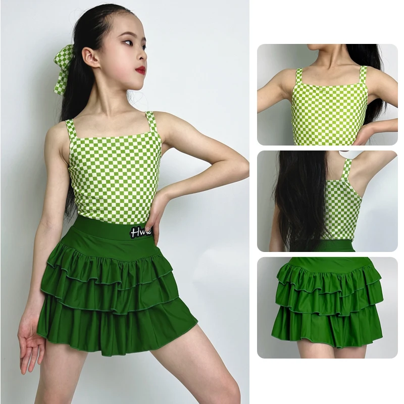 

Green Latin Dance Suit For Girl Summer Training Dancewear Cake Skirts Set Children Rumba Cha Cha Dancing Practice Clothing 1873