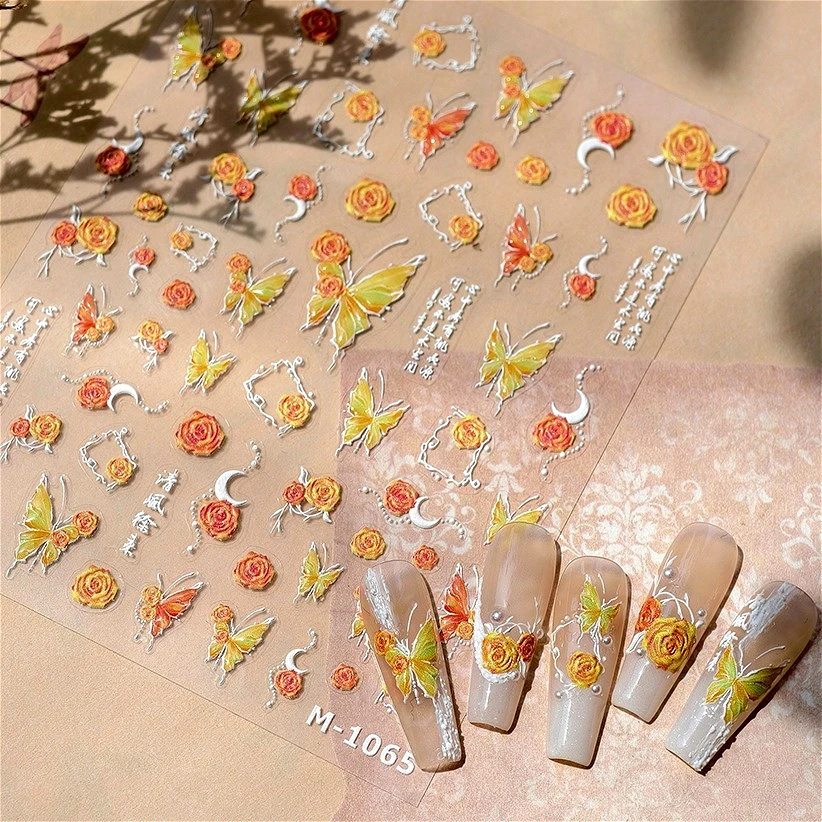

Gradual Asymmetric Butterfly Rose Flower Moon Ancient Poem 5D Reliefs Self Adhesive Nail Stickers JellyManicure Decals Wholesale