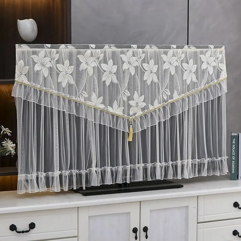 TV Cover Lace Fabric Door 32-65 Inch Curtain TV Dust Cover Monitor Screen Home Decorations Cover With Elastic