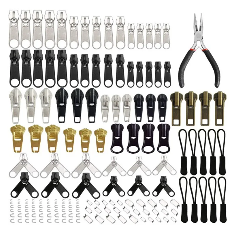 Zipper Repair Kit with Installation Pliers 170 Pieces Zipper Slider Replacement Set for Jackets Wallets Luggage Backpacks Tents