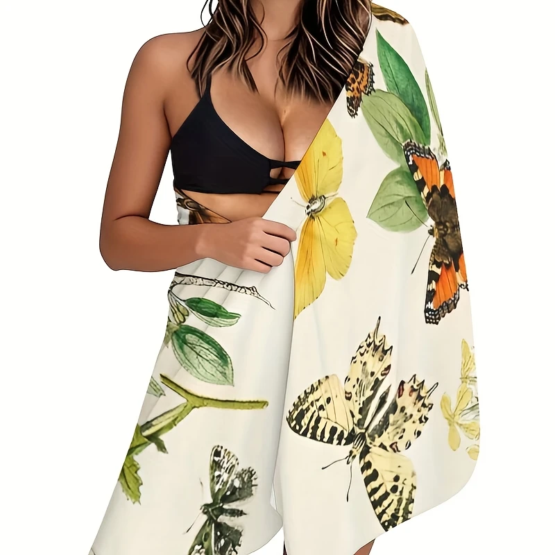 قطعة واحدة من ملاءة حمام كبيرة جدًا مقاس 28 × 56 بوصة - رسم توضيحي للفراشات والزهور العتيقة، بوليستر، سريع الجفاف فائق الامتصاص،