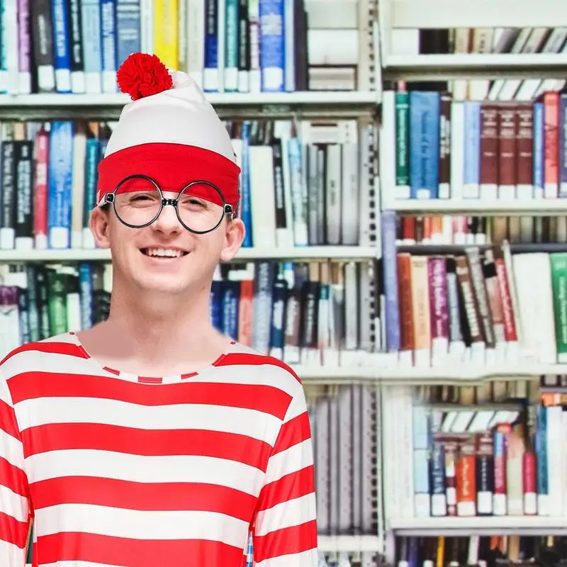 Wheres Waldo Costume Book Week Fancy Outfit Red And White Color Hat Wheres Waldo Shirt Round Thick Framed Glasses For Reading Da