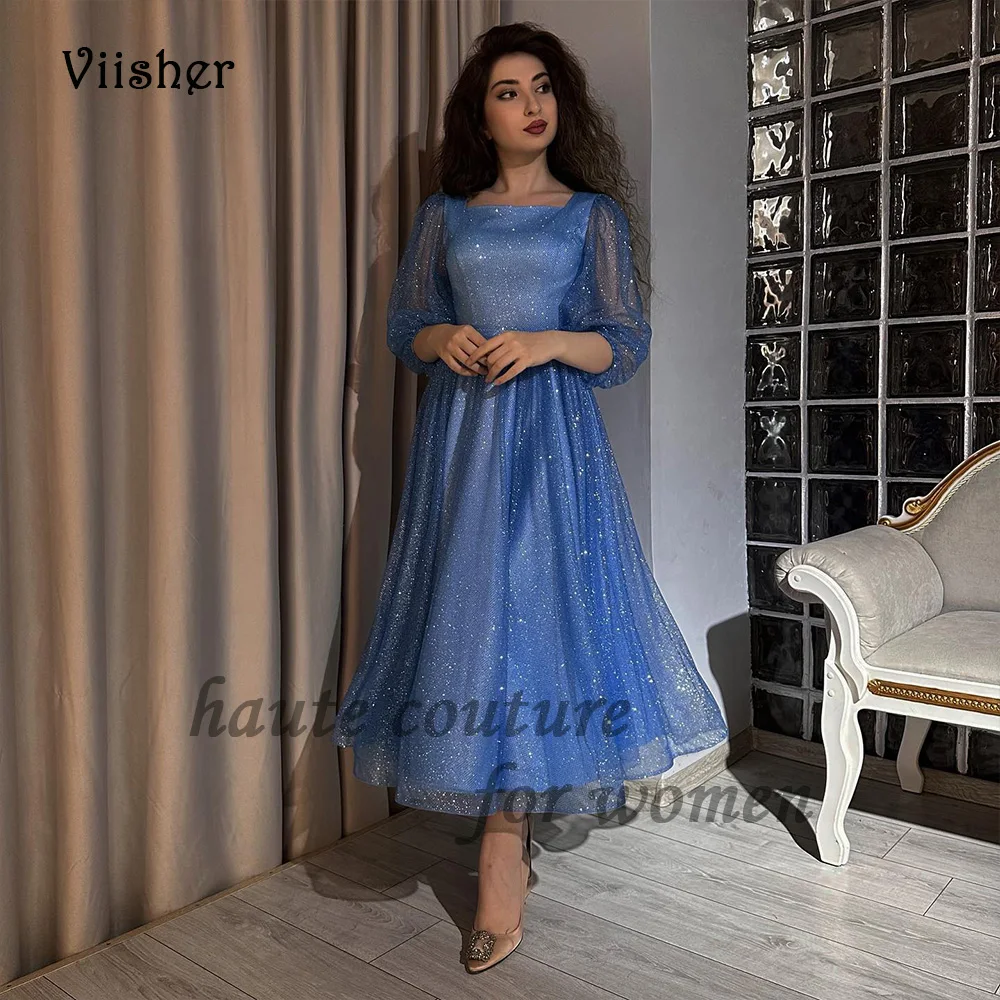 

Sparkly Blue Evening Dresses for Women Long Sleeve Square Neck A Line Prom Party Dress Tea Length Formal Evening Gowns