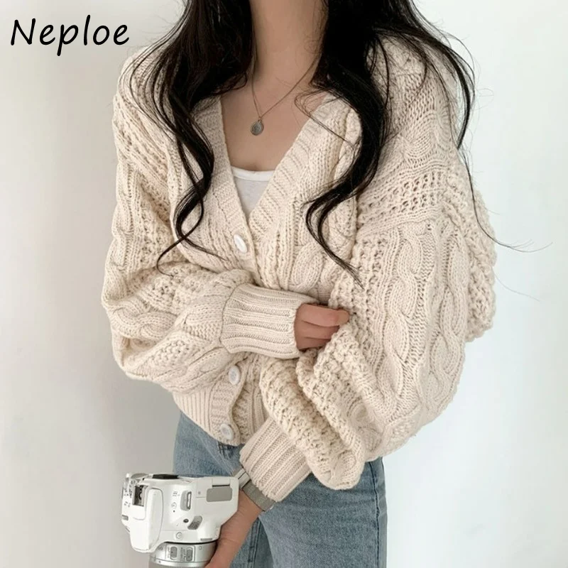 Neploe Loose Lantern Sleeve Twist Sweater Coat Female Autumn 2024 Korean Style Chic Knitted Cardigan Woman V-neck Short Sweater