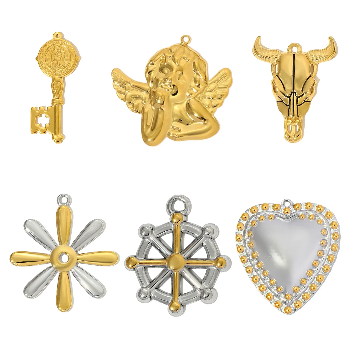3 unids/lote de dos tonos de acero inoxidable corazón flor COLLAR COLGANTE Ángel llave timón DIY pendiente encanto mujeres joyería de cabeza de buey