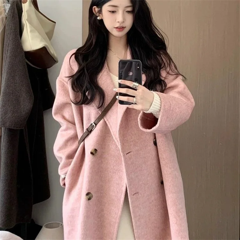 

2025 Women's Autumn Winter Knee-Length Overcoat Elegant Woolen Coat Korean Style Hepburn Medium Length Outerwear for Women