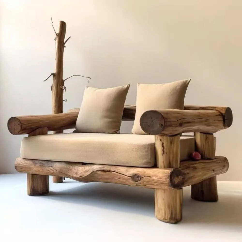 Solid Wood Elm Log Sofa Chair Double Seat Straight Row for B&B Small Apartment Living Room Leisure Vintage Style Armchair