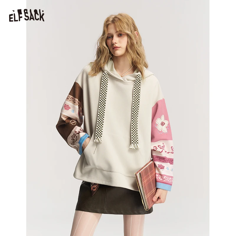 ELFSACK Women's Patchwork Hoodie with Floral Print & Tassel Drawstring, Long Sleeve Casual Sweatshirt for Daily Wear