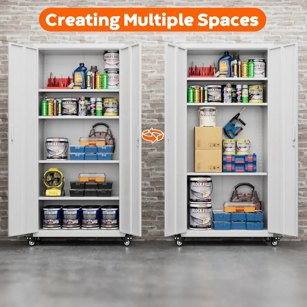 خزانة تخزين معدنية مقاس 73 بوصة على عجلات، وخزانة تخزين جراج بعجلات و4 أرفف قابلة للتعديل، وخزائن متدحرجة #3