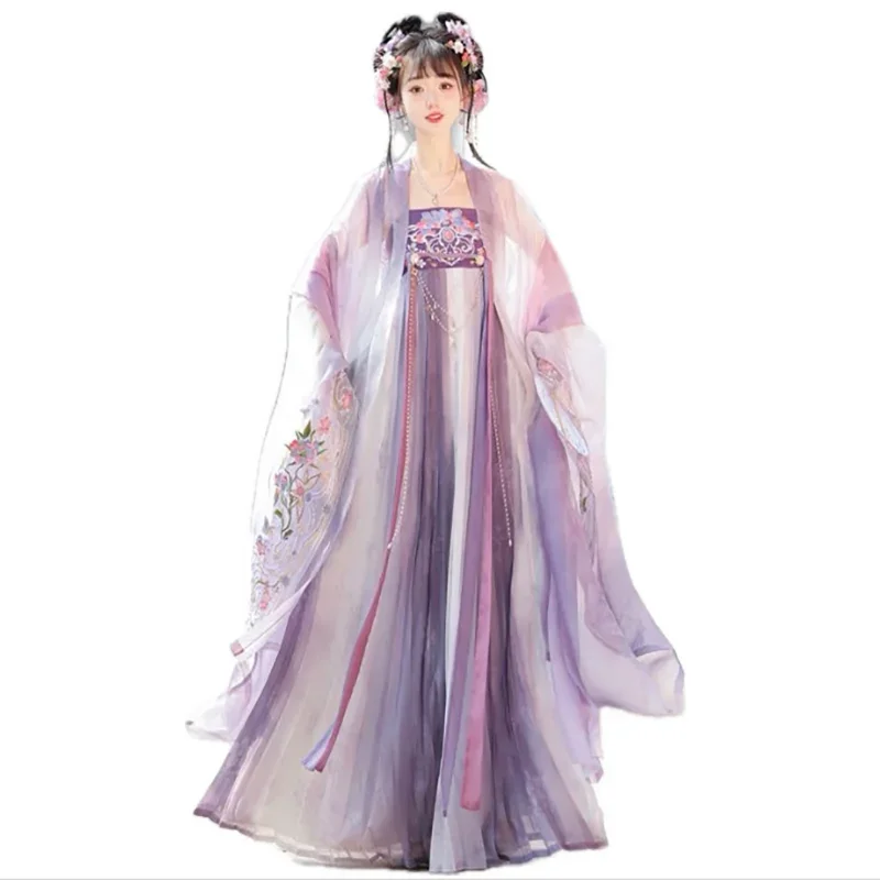 

Chinese Hanfu Women Chinese Traditional Fairy Cosplay Costume Ancient Tang Dynasty Embroidery Gradient Purple&Pink Hanfu Dress