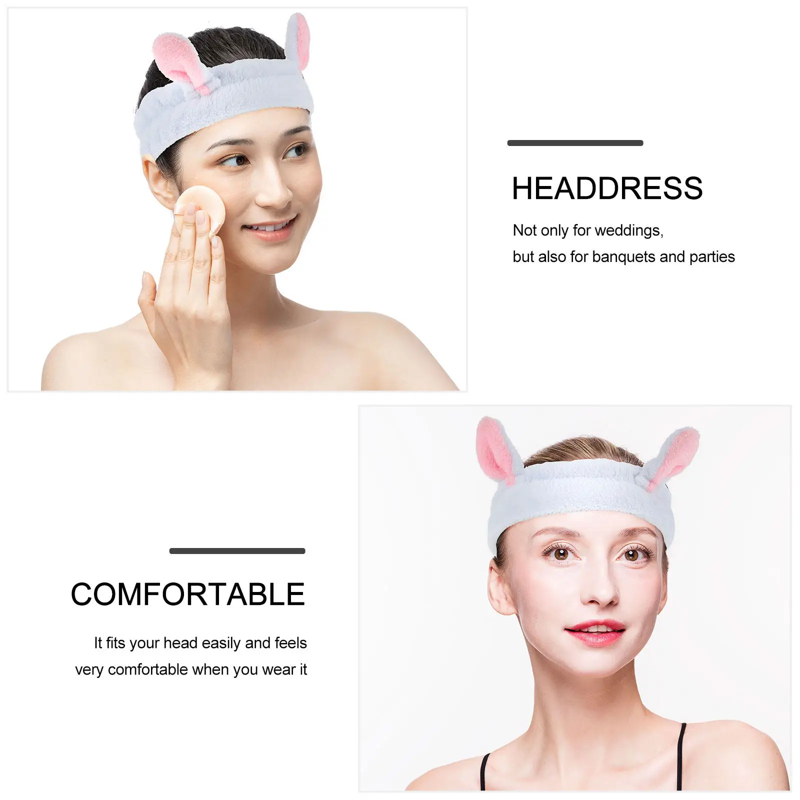 

3Pcs Lovely Rabbit Ear Headband Skin-Friendly Elastic Hair Band for Makeup Removal Face Mask Bathing Facial Spa Use