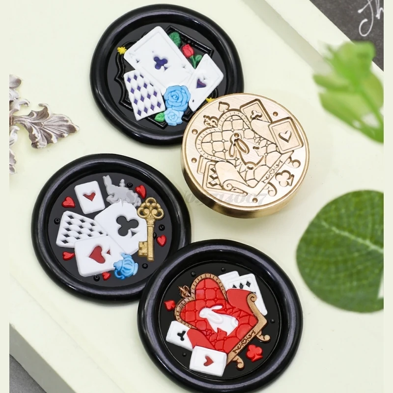 Alice Wonderland Brass Wax Seal Stamp Head Featuring Alice & White Rabbit Magic Book Teapot Poker Key Clock Pattern