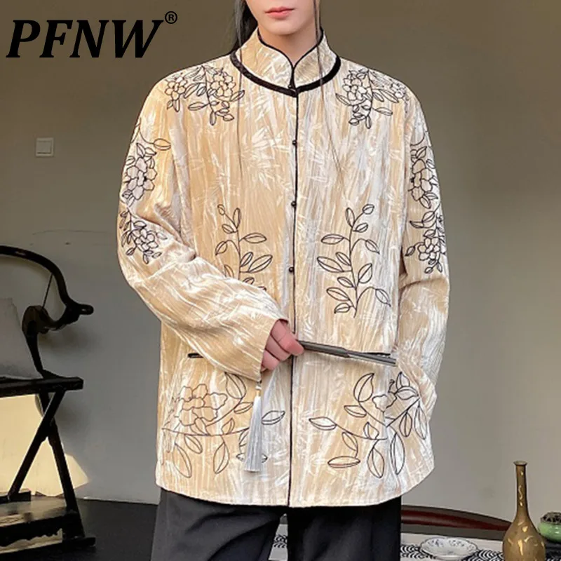 

PFNW Velour Male Shirts Chinese Style Stand Collar Embroidery Embossing Design Men's Shirt casual Spring New Stylish 2024 9C4528