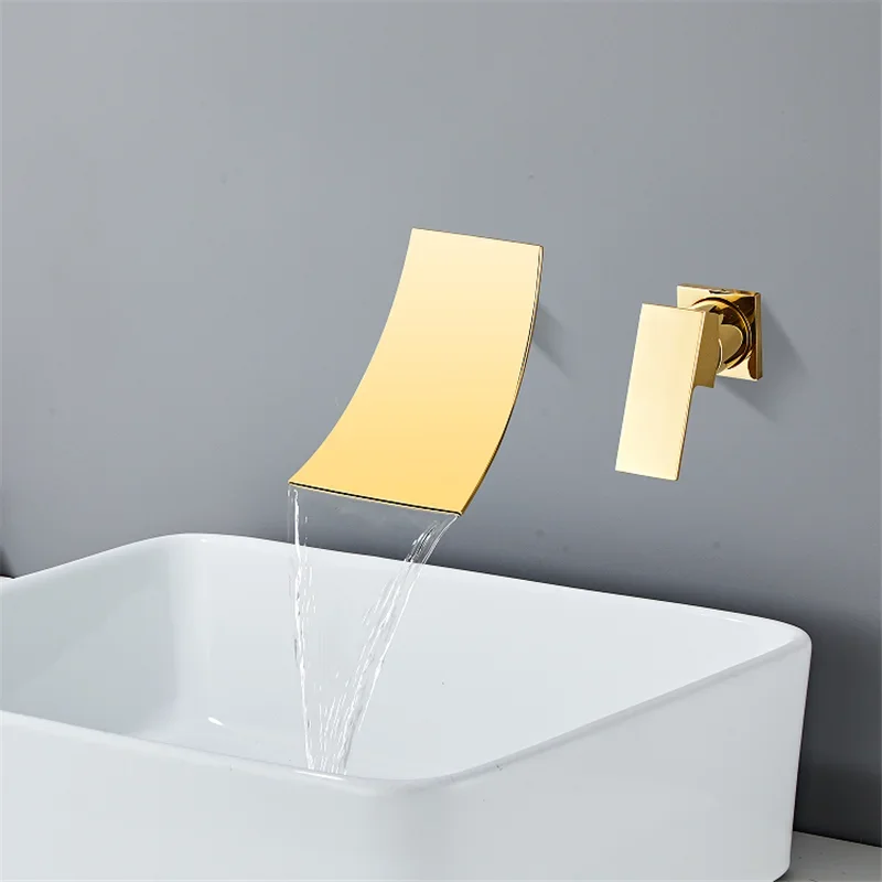 

Gold Basin Faucet Brushed Gold Bathroom In-Wall Black Waterfall Hot & Cold Bathroom Sink Tap Basin Mixer Tap