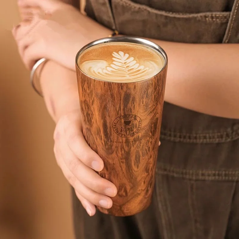Wood Grain Coffee Mug Thermal Cup Stainless Steel Liner Vacuum Flask Leak-Proof Car Thermal Bottle Travel Tumbler