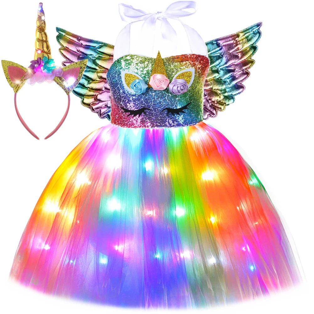 Meisjes Eenhoorn Jurk Led Light Up Regenboog Pailletten Verjaardagsfeestje Prinses Tutu Jurk Kerst Halloween Kostuum Voor Kinderen Kleding