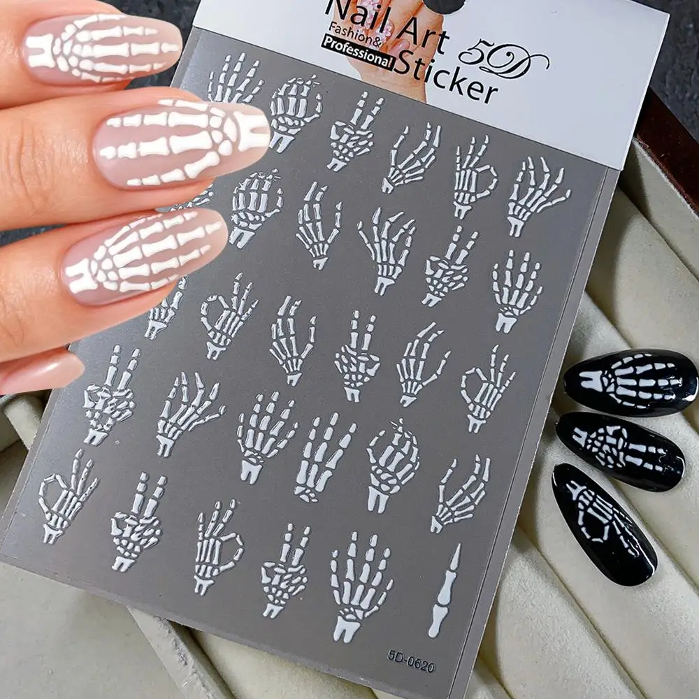1Pc 5D Halloween Schädel Hand Knochen Nagel Aufkleber Weiß Skelett Selbst-Kleber Nagel Aufkleber Halloween Party Nail art liefert Slider