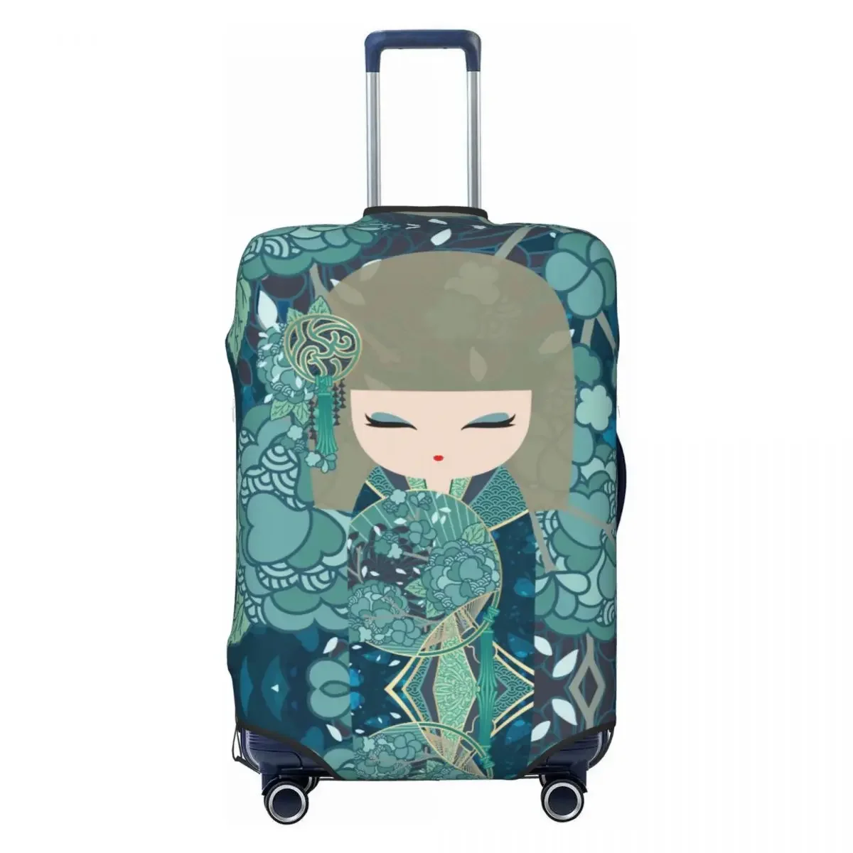 

Kawaii Kokeshi Doll Cherry Blossoms Luggage Cover Elastic Japanese Girl Art Travel Suitcase Protective Covers Fits 18-32 Inch