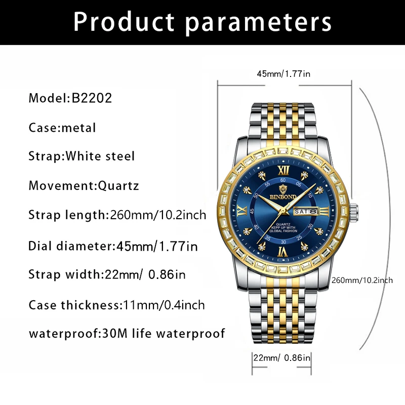 Men Luxury Waterproof Watch Stainless Steel Quartz Wrsitwatches Male Auto Date Clock with Luminous New Design Business Hands+box